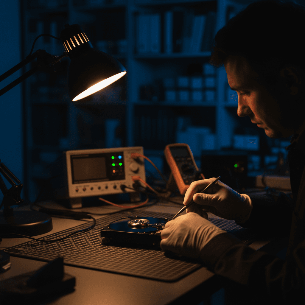 Data recovery specialist examining hard drive