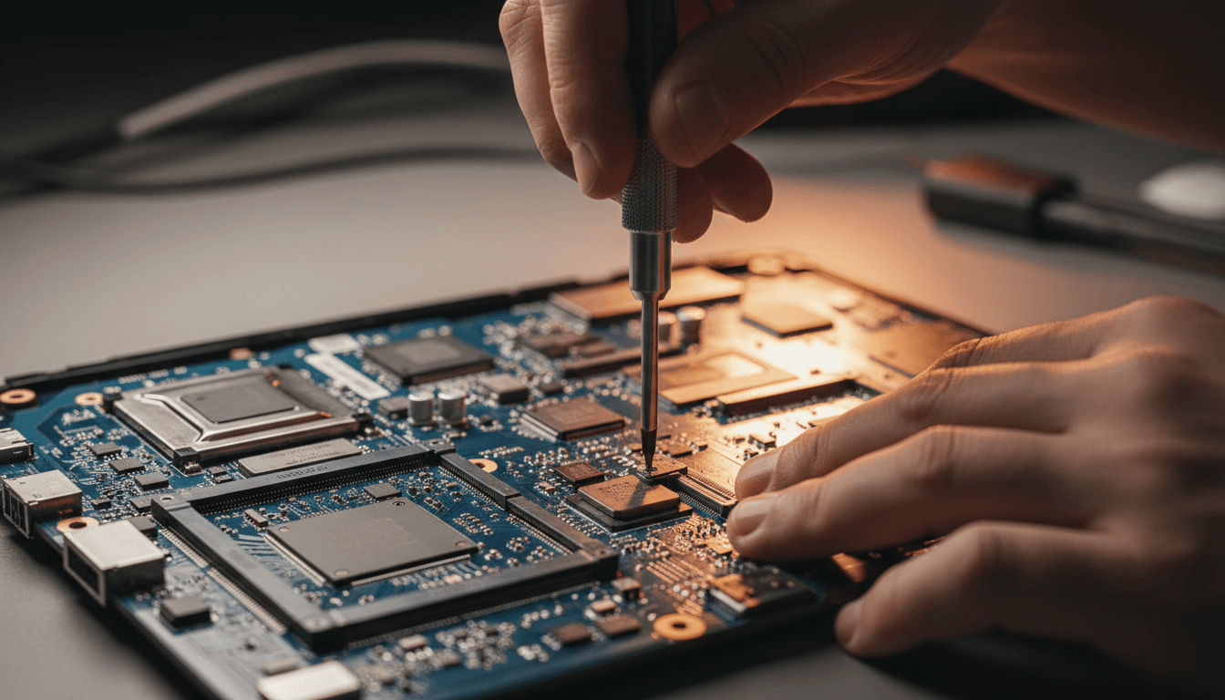 Technician working on computer motherboard with precision tools