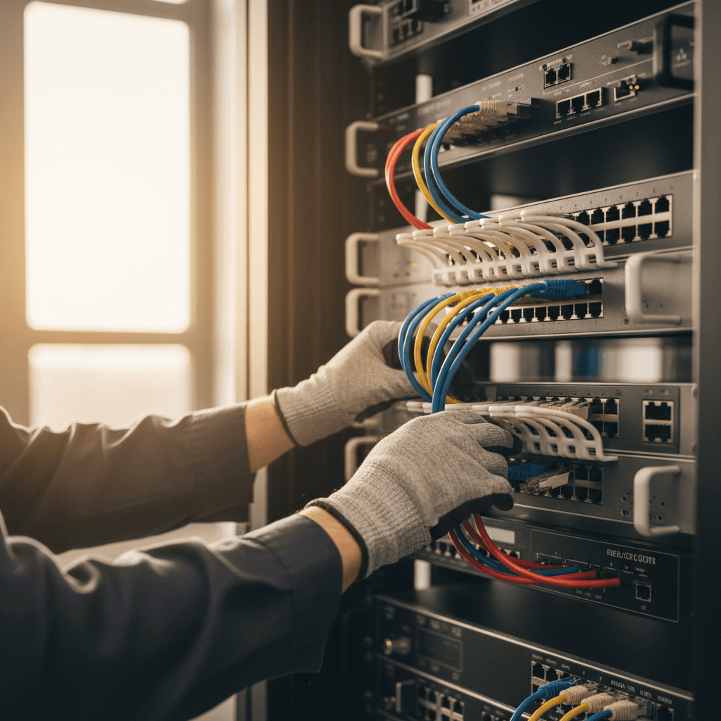 Network technician installing connectivity equipment