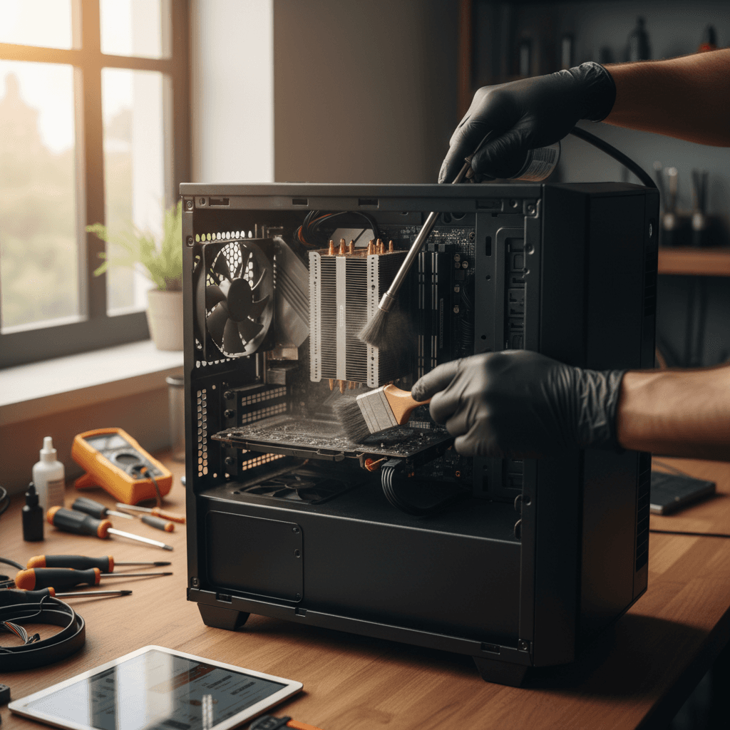 Technician working on computer repair at a professional workbench