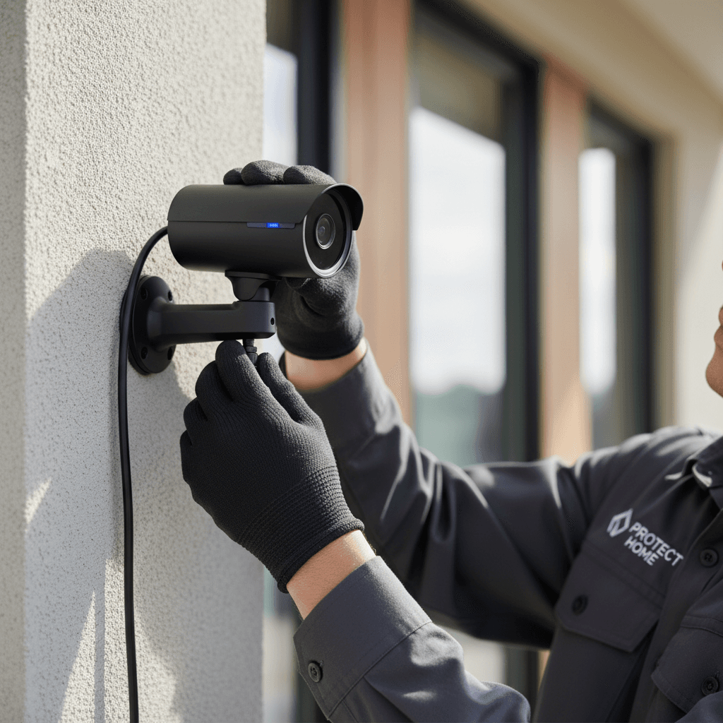Security camera installation on residential or commercial wall