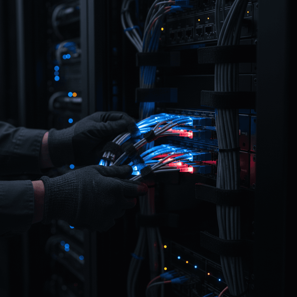 Network equipment installation with organized cables and router setup