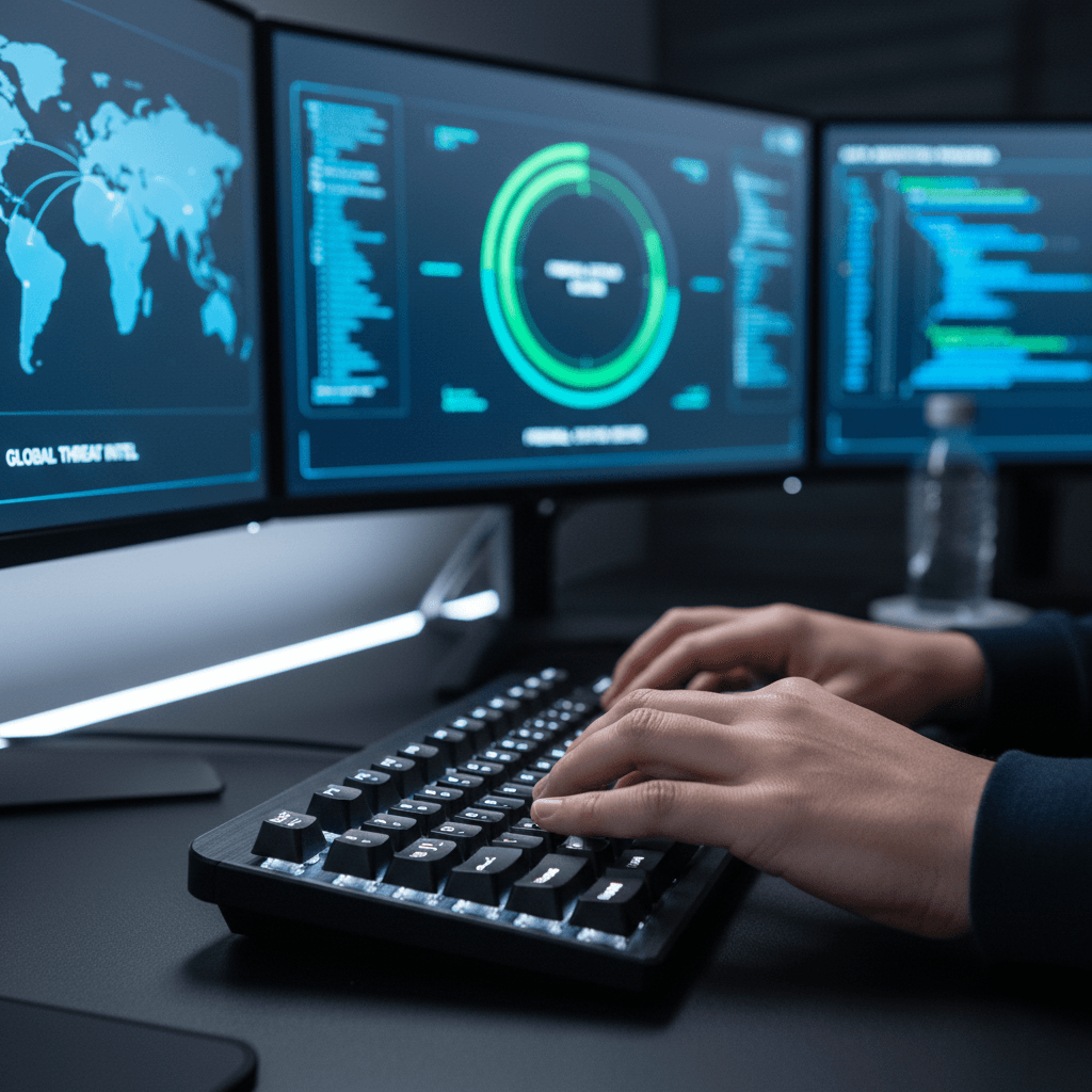 Cybersecurity monitoring software on computer screen with technician oversight