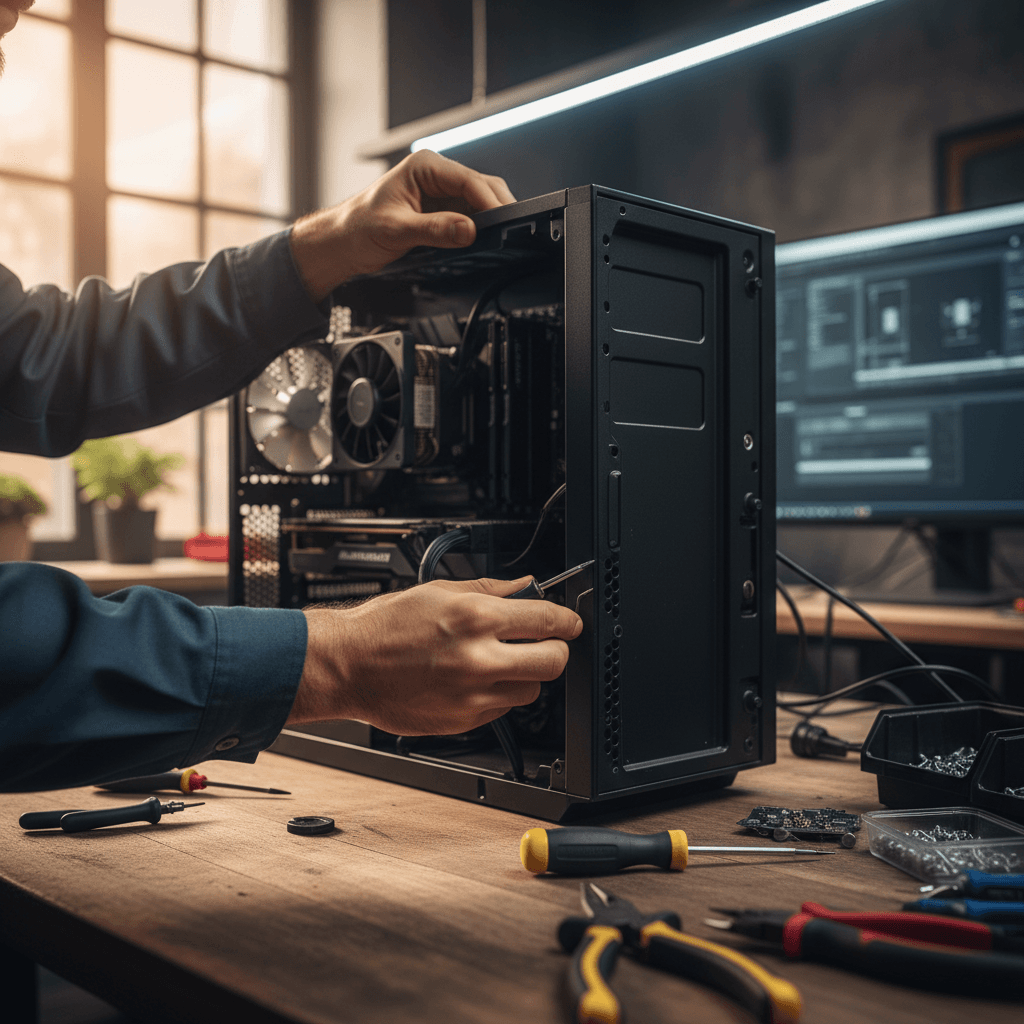Joe Halstead examining a computer's internal components with focused attention at his workbench in Kenai