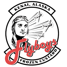 Flyboys Frozen Custard logo from Kenai, Alaska, featuring a vintage pilot and flying propeller planes.